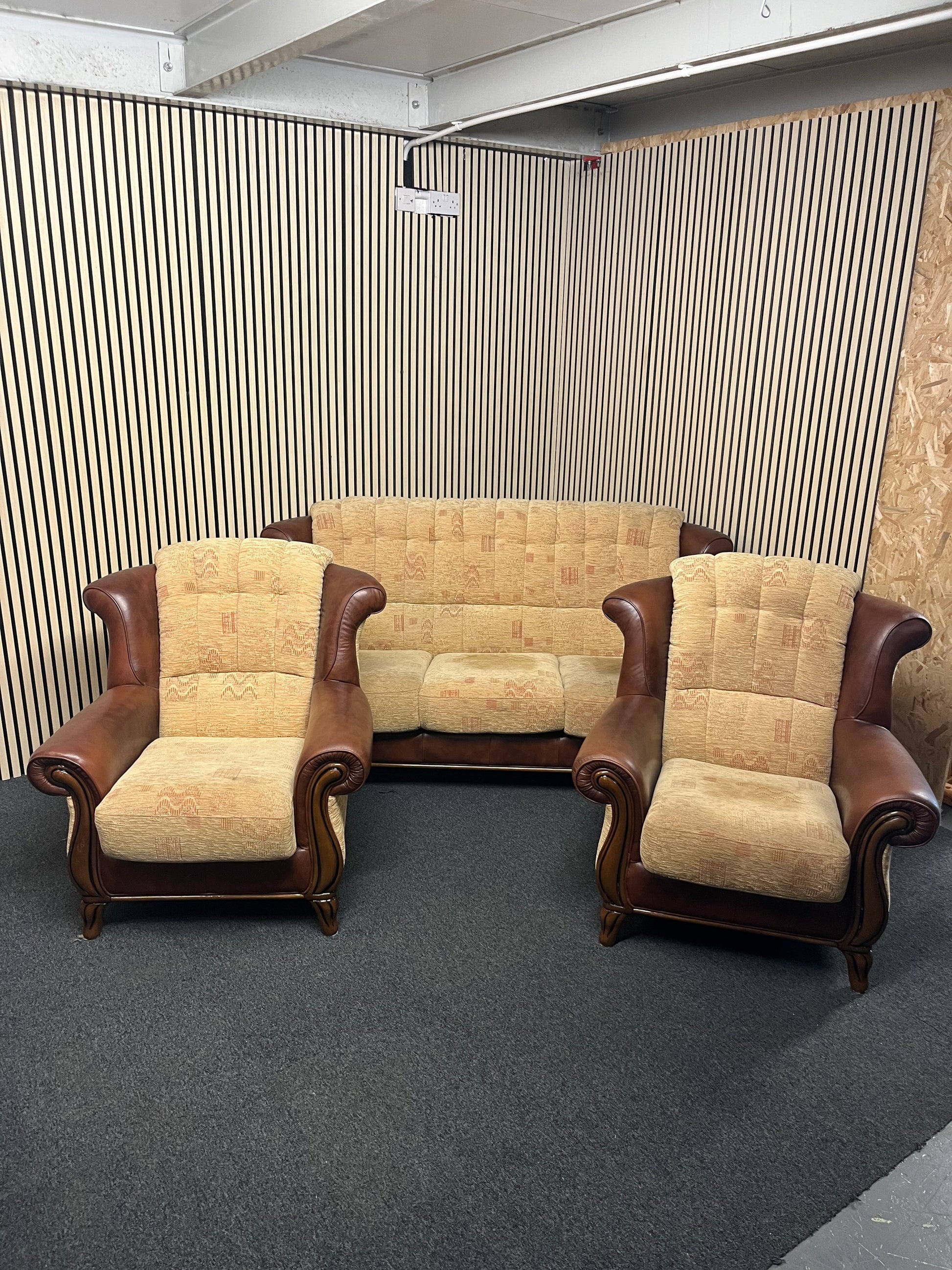 3+1+1 solid wood frame, high back brown leather suite with brown mix fabric cushions and backs