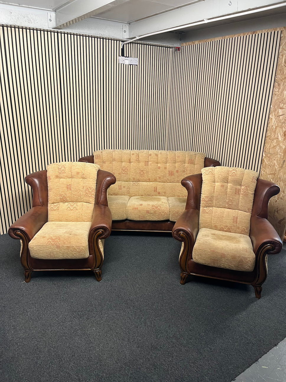 3+1+1 solid wood frame, high back brown leather suite with brown mix fabric cushions and backs