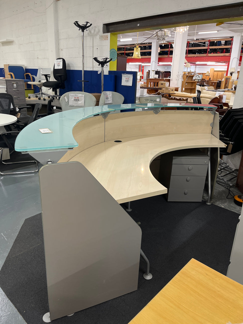 SECONDHAND  Maple laminate half moon sectional reception counter with maple worktop, toughened and frosted glass tops 
134cm from outside to centre each section