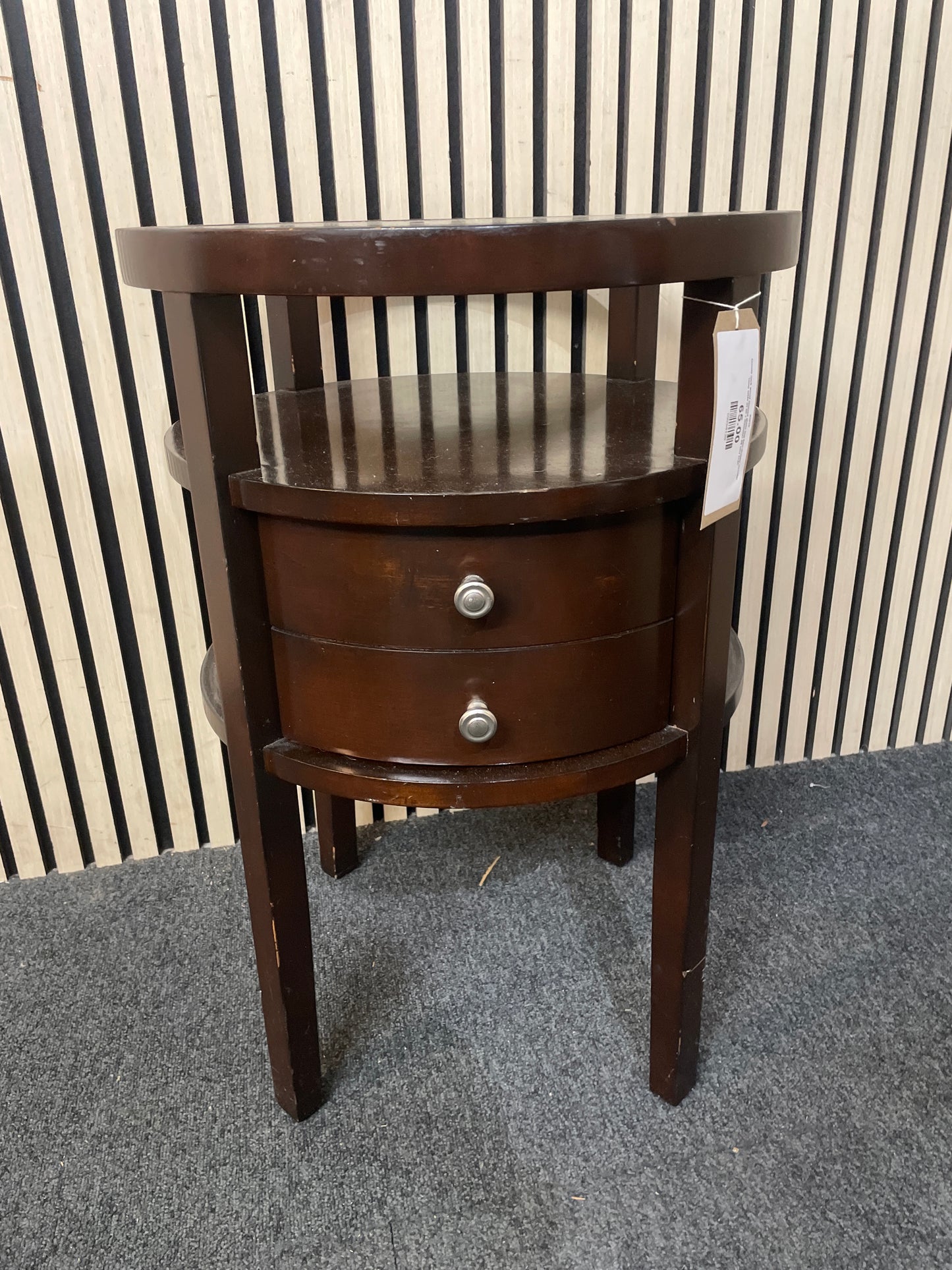 Ornate dark wood stained glass top two-drawer circular lamp table (H 69 x diameter 49 cm) 3126
