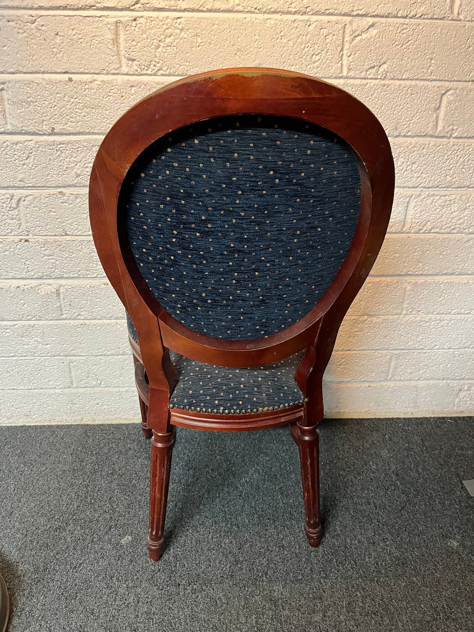 Solid dark wood stained curved back ornate dining chair with navy pattern fabric seat and back. 6 no. matching in stock 3225