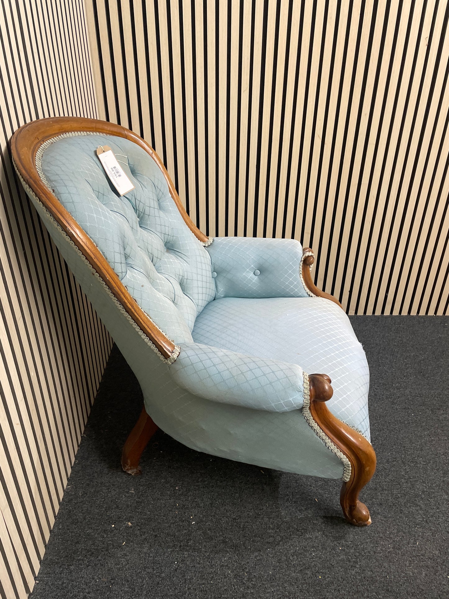 Antique ornate solid dark wood framed spoon back armchair on castors with pastel green fabric (upcycle project) 2425