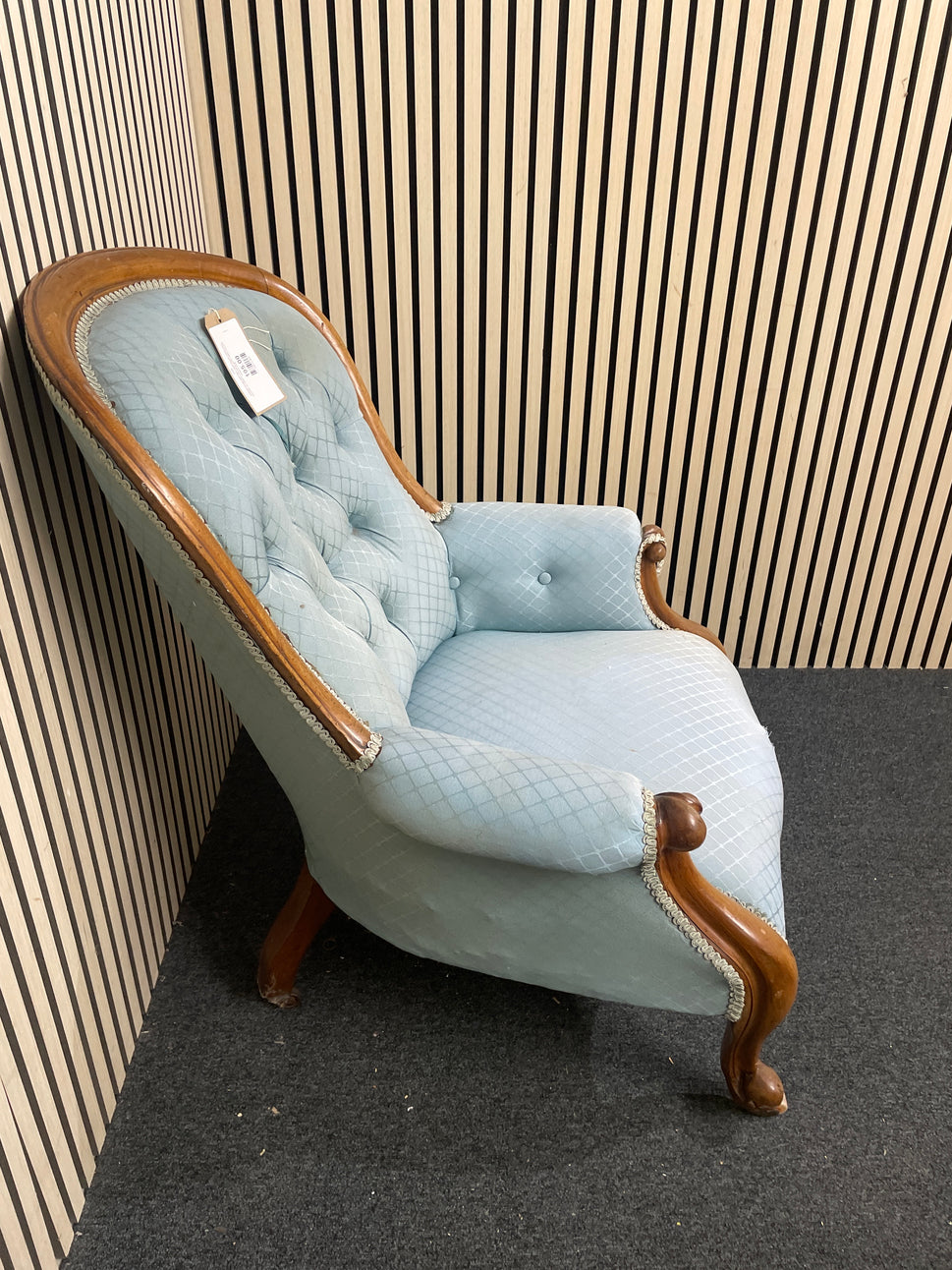 Antique ornate solid dark wood framed spoon back armchair on castors with pastel green fabric (upcycle project) 2425