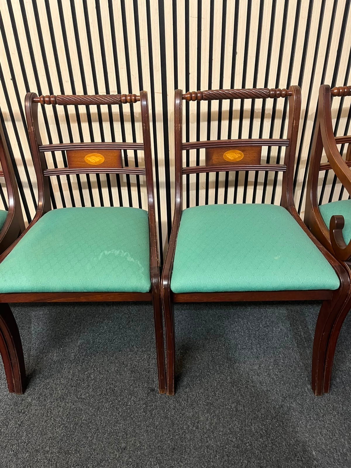 Ornate inlaid mahogany dining chair with teal fabric seat (SET OF 2 CARVERS AND 2 DINING CHAIRS) 43355