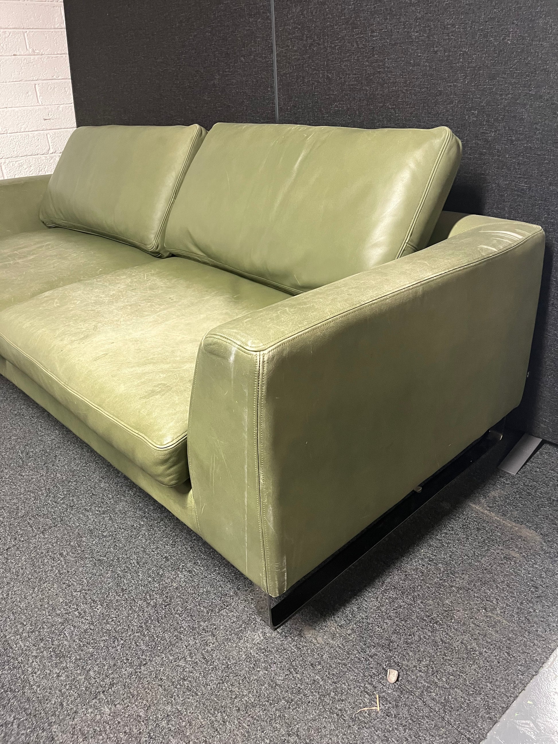 Large Olive Green REAL leather 4 seater sofa (W 2400 x D 950 x Seat H 450 mm) 1225