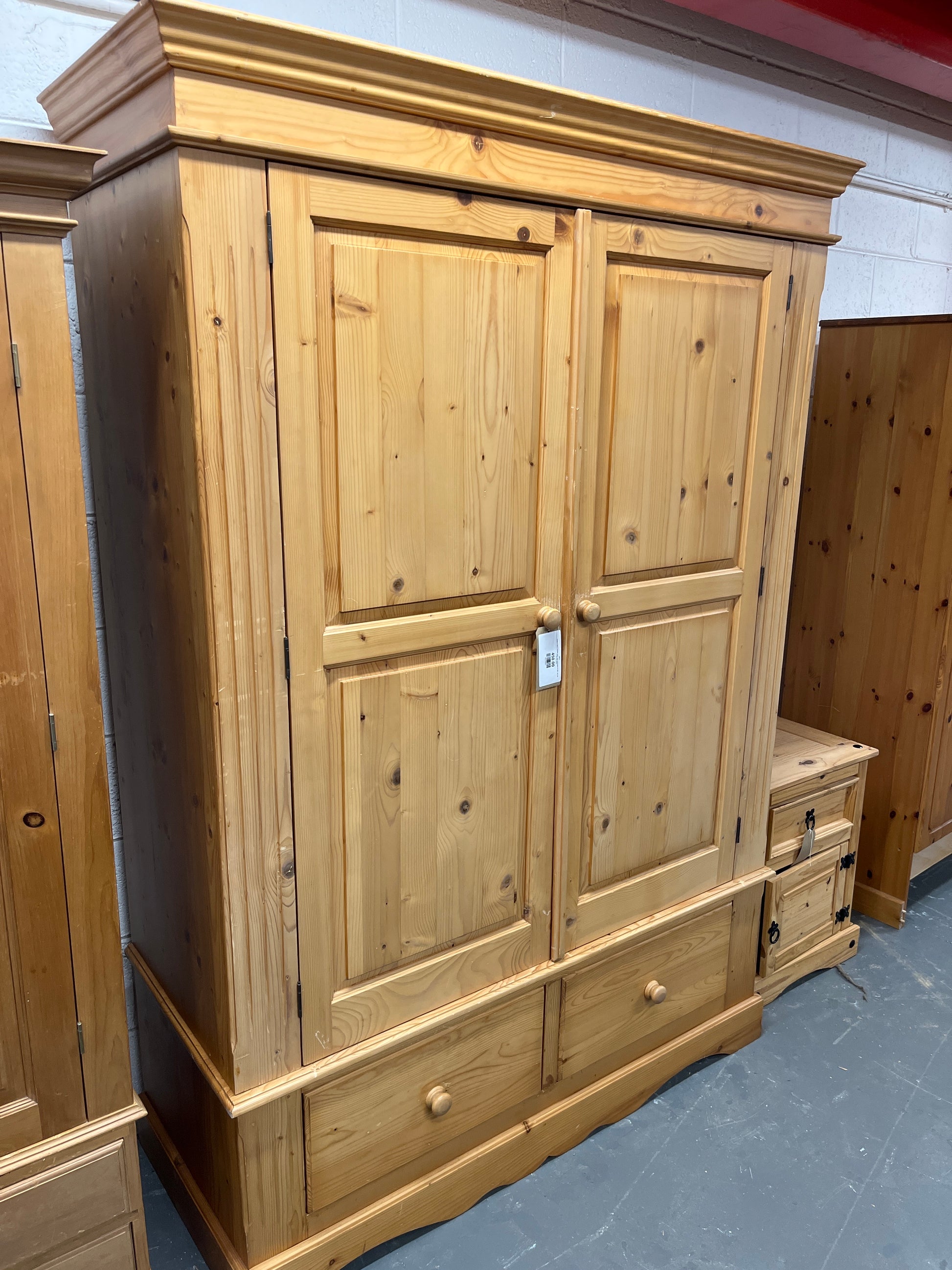 Large 2 door 2 drawer pitch pine wardrobe (H 205 x W 145 x D 59 cm) 2225