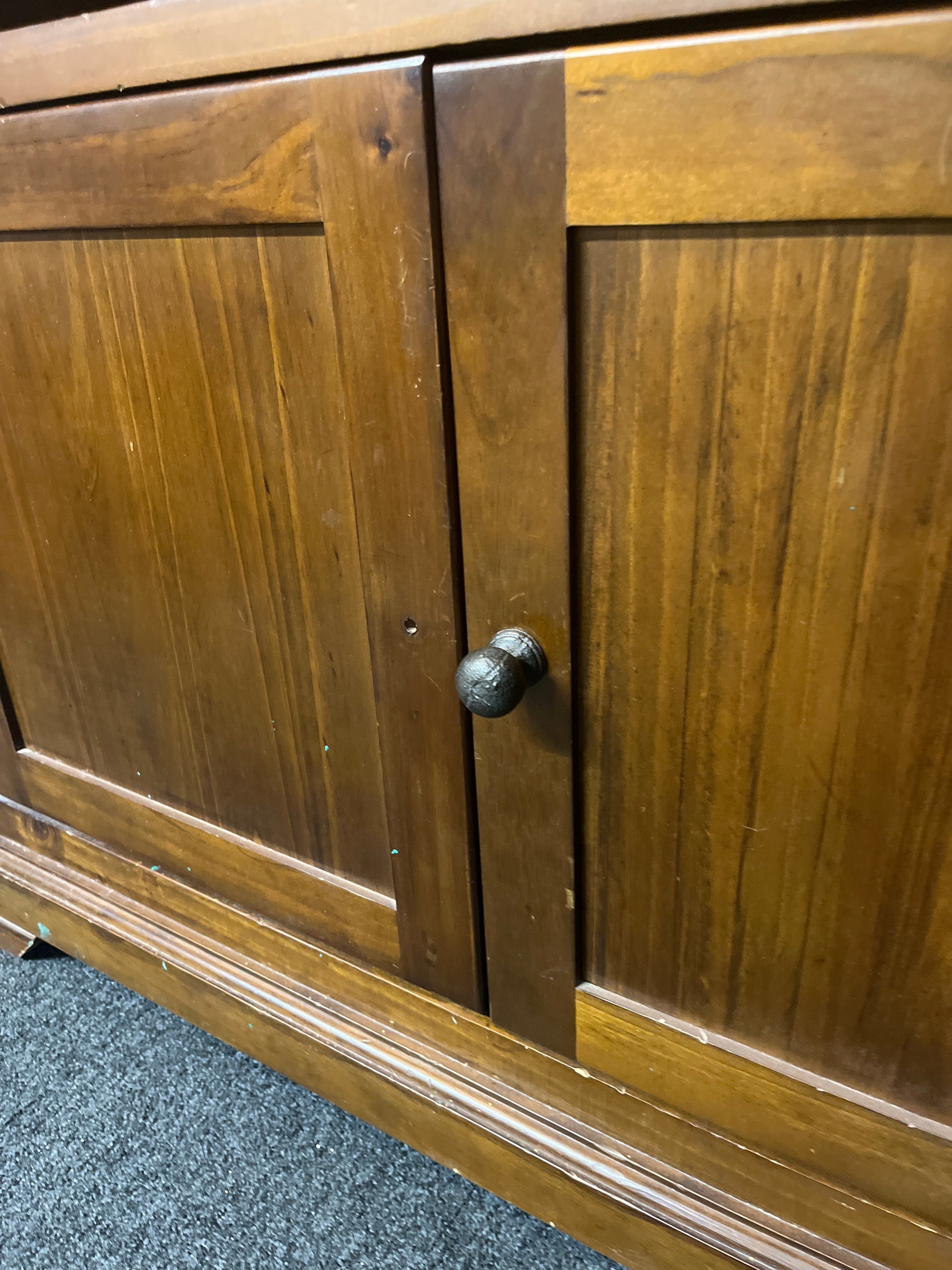 Tall solid dark wood stained top open 2 base door display unit (H 180 x W 100 x D 38 cm) 2225