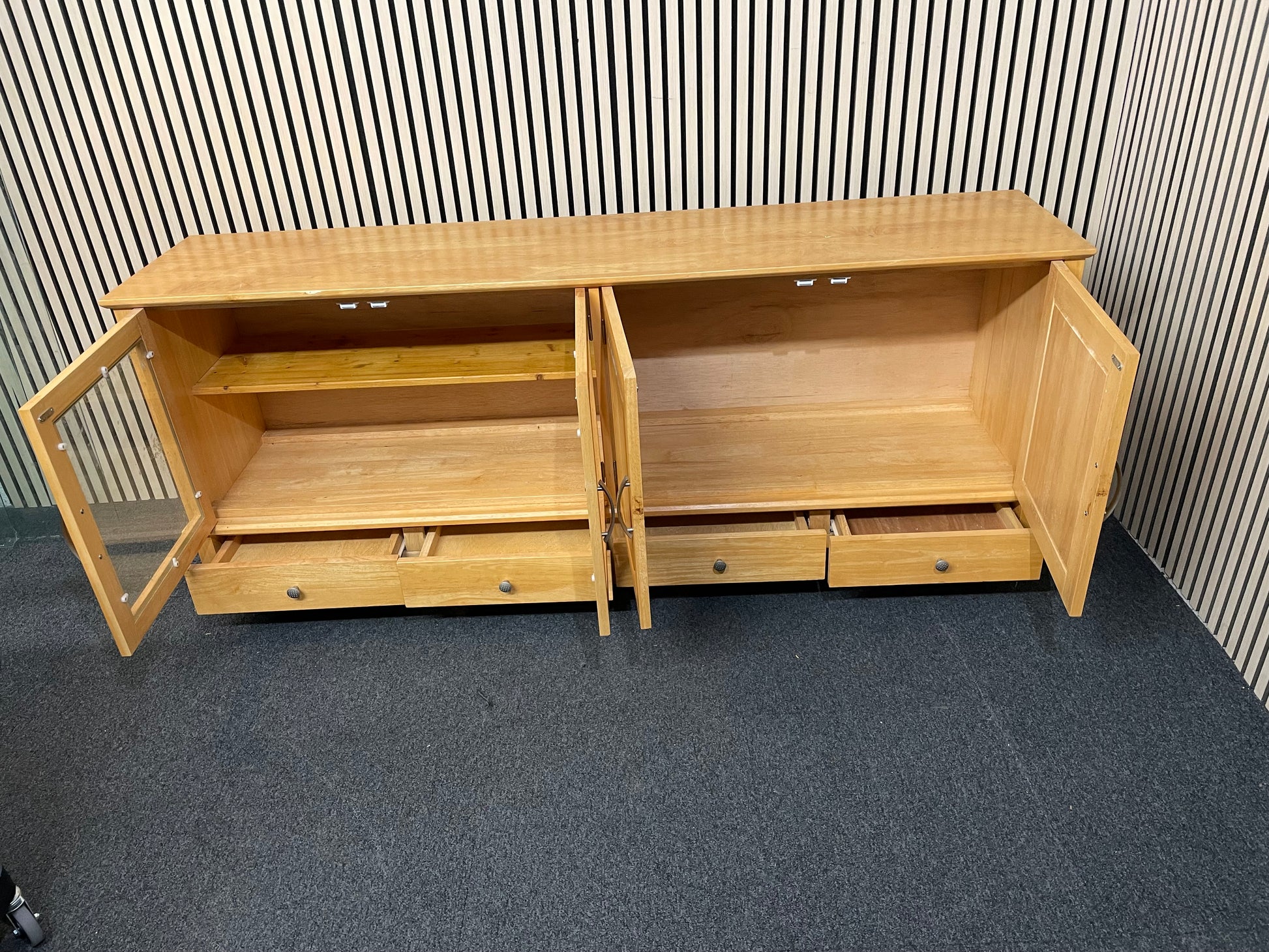 Solid beech 4 door low long sideboard unit with base drawers  3325