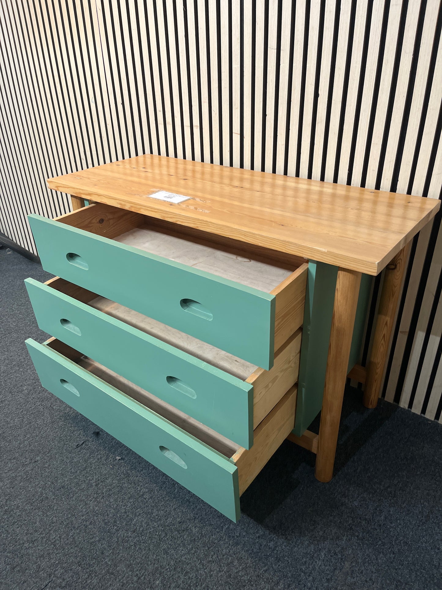 Solid Pine teal painted 3 drawer chest of drawers (H 68 x W 101 x  D 43 cm) 43406