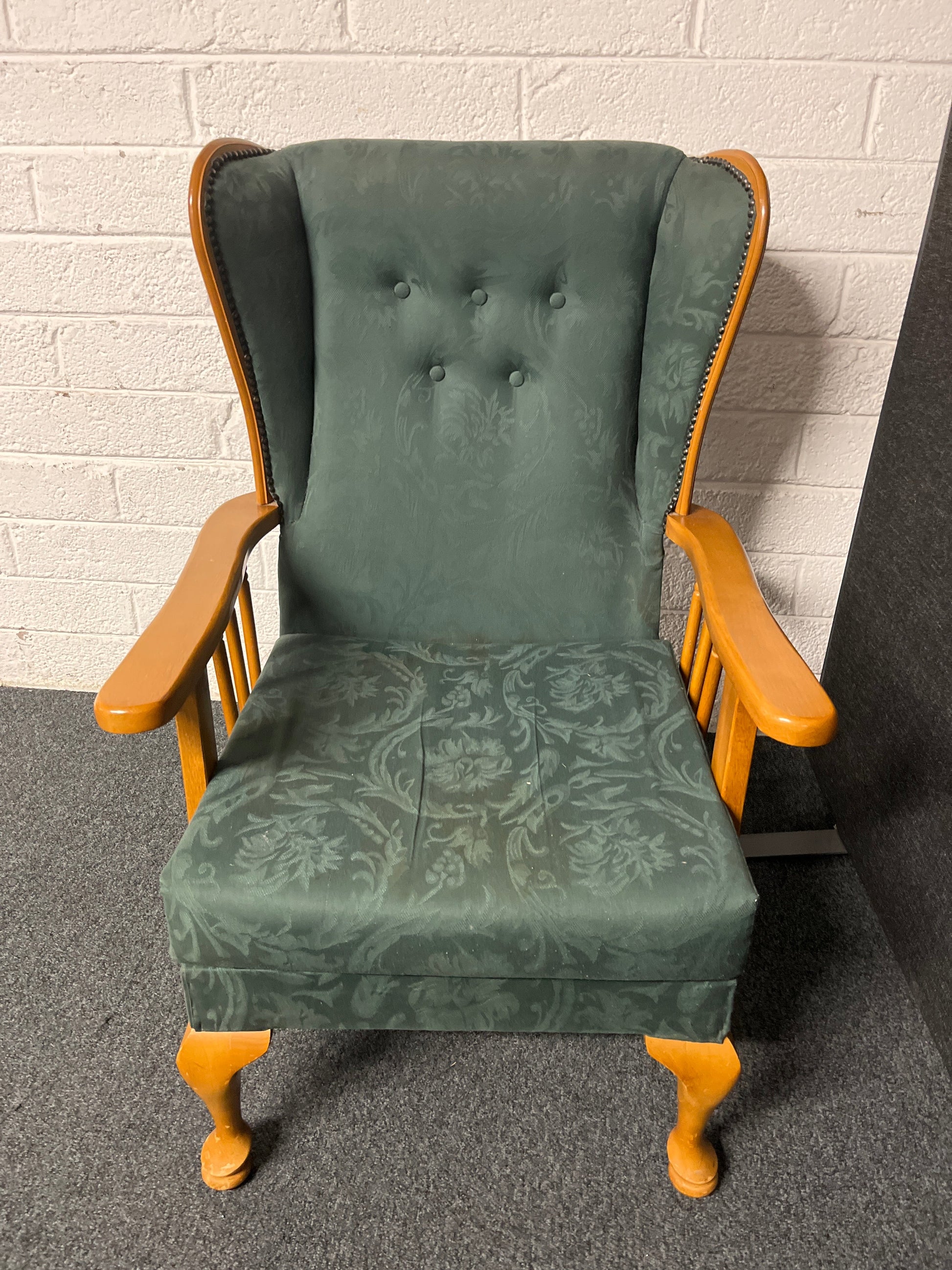 Solid hardwood fireside armchair, green fabric 2225