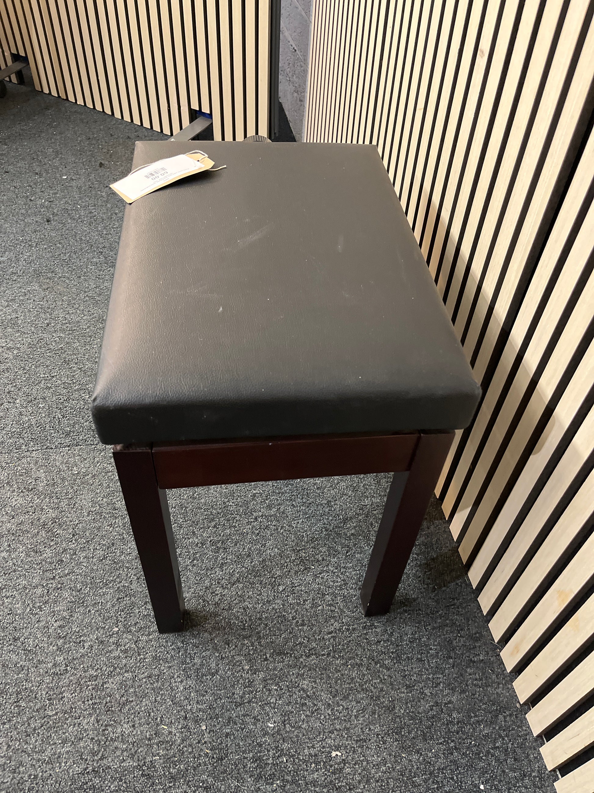 Piano stool, solid dark wood frame, black leatherette adjustable seat  1425