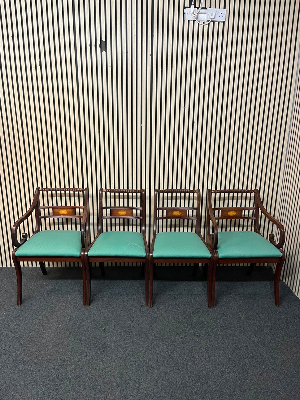 Ornate inlaid mahogany dining chair with teal fabric seat (SET OF 2 CARVERS AND 2 DINING CHAIRS) 43355
