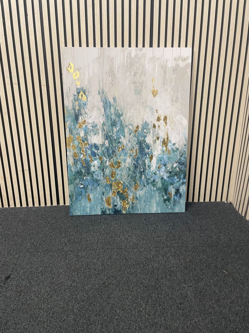 Large vertical canvas featuring abstract teal, grey, and gold textures.  44700