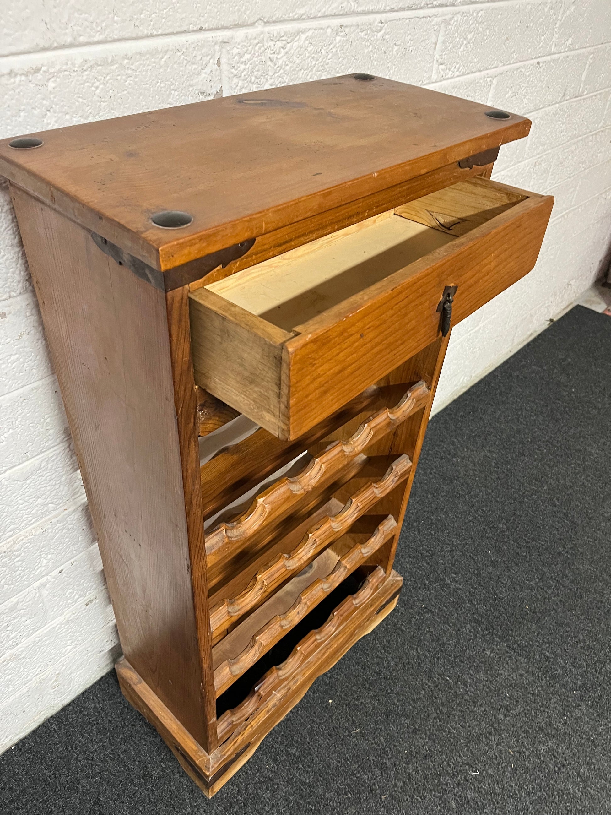 Mexican pine ornate wine rack with top drawer 1325