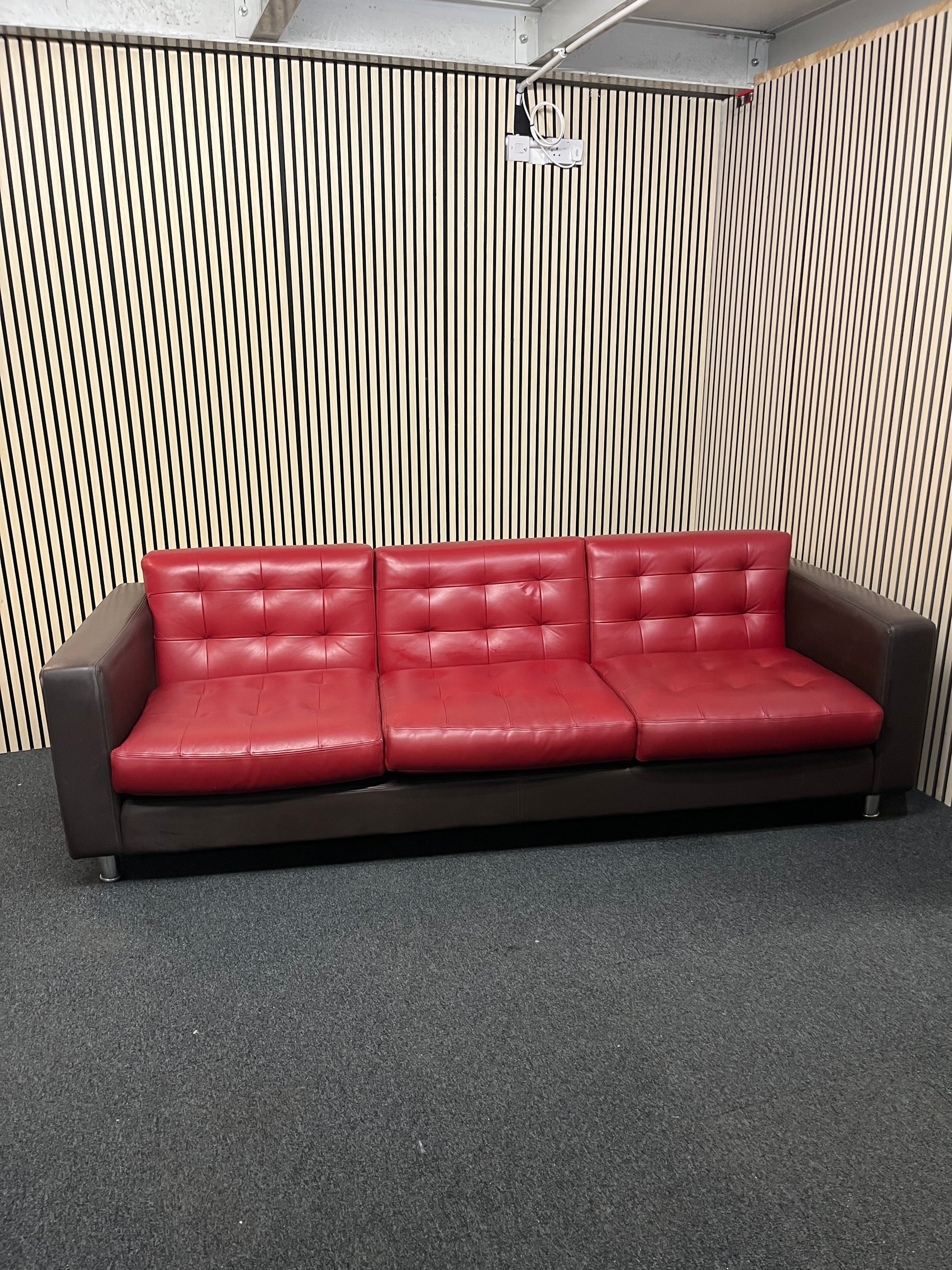 Real brown leather framed large 3 seater with wine leather button back cushions (230 cm wide) EX WINDMILL LANE  3325