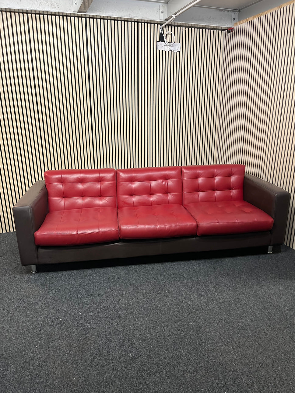 Real brown leather framed large 3 seater with wine leather button back cushions (230 cm wide) EX WINDMILL LANE  3325