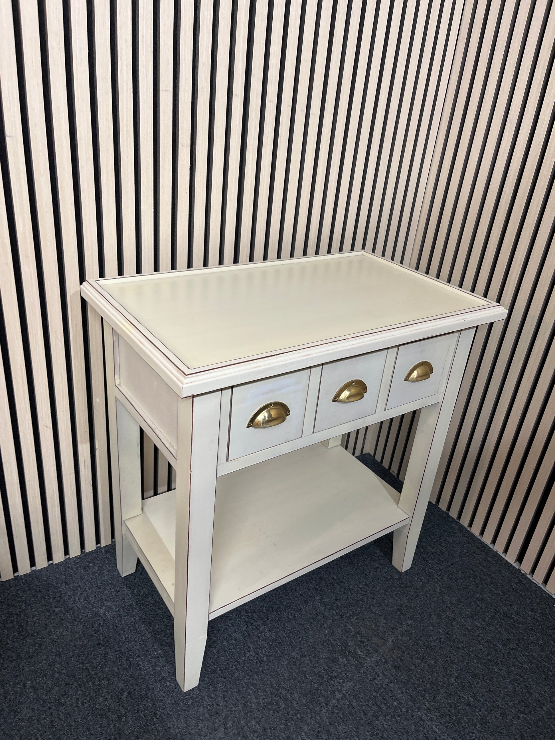 Palet green painted occasional console table with 3 drawers and removal tray top 82Hx75Wx43D 3325