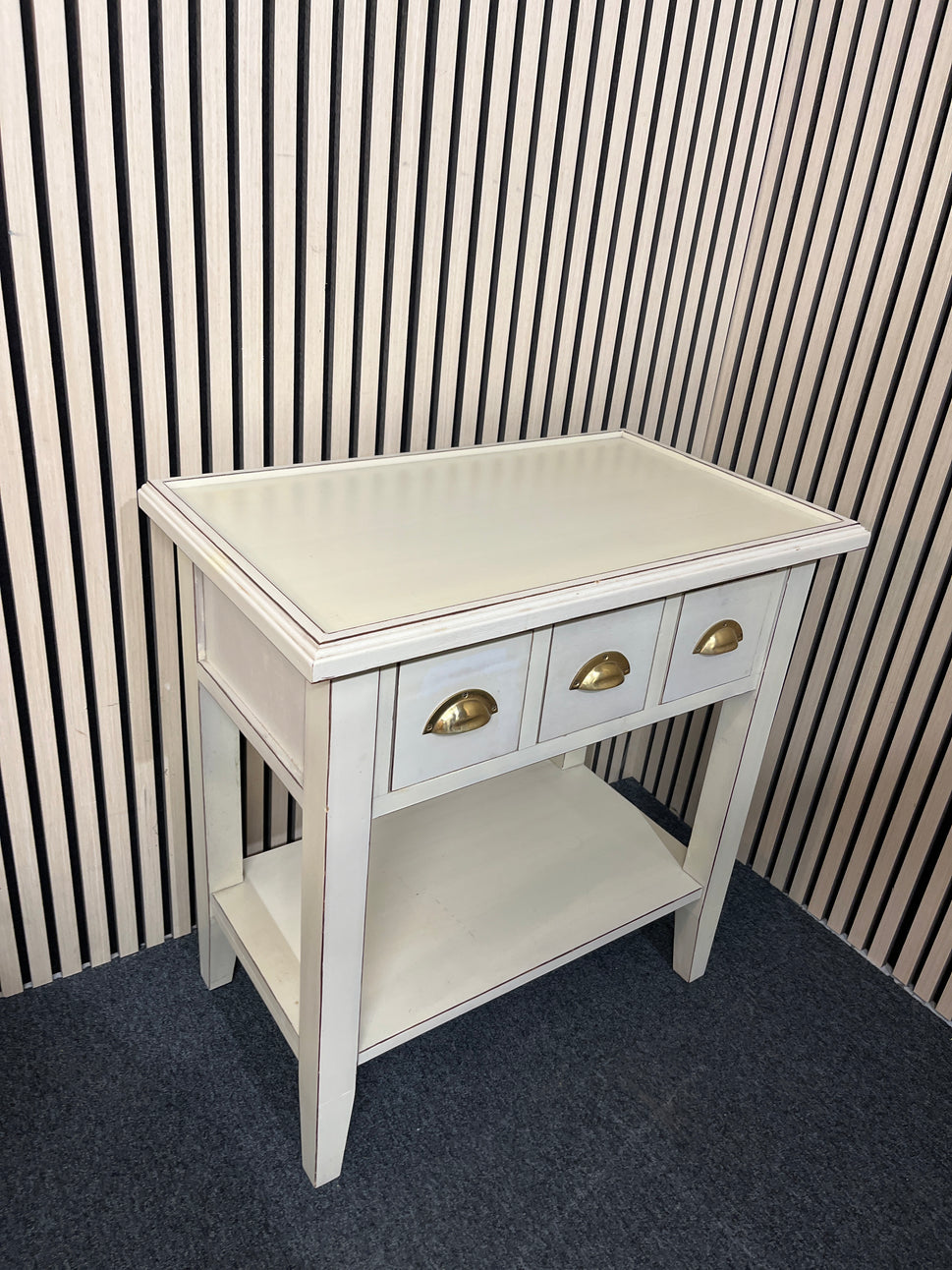 Palet green painted occasional console table with 3 drawers and removal tray top 82Hx75Wx43D 3325