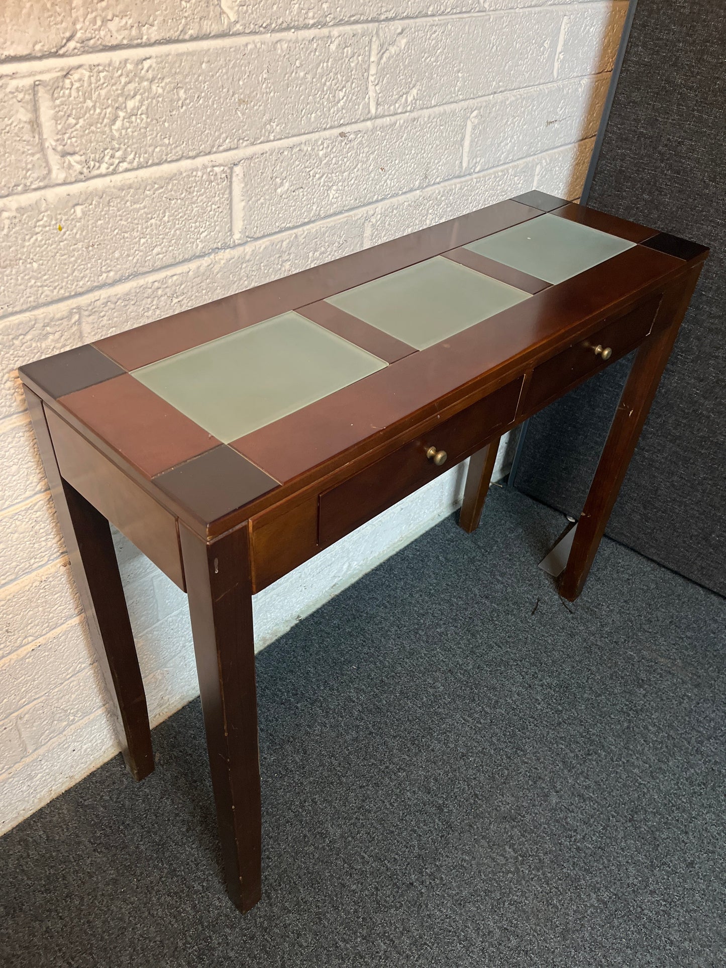 Dark wood stained solid wood console table, frosted glass top with drawers 935Wx235Dx800H 3225