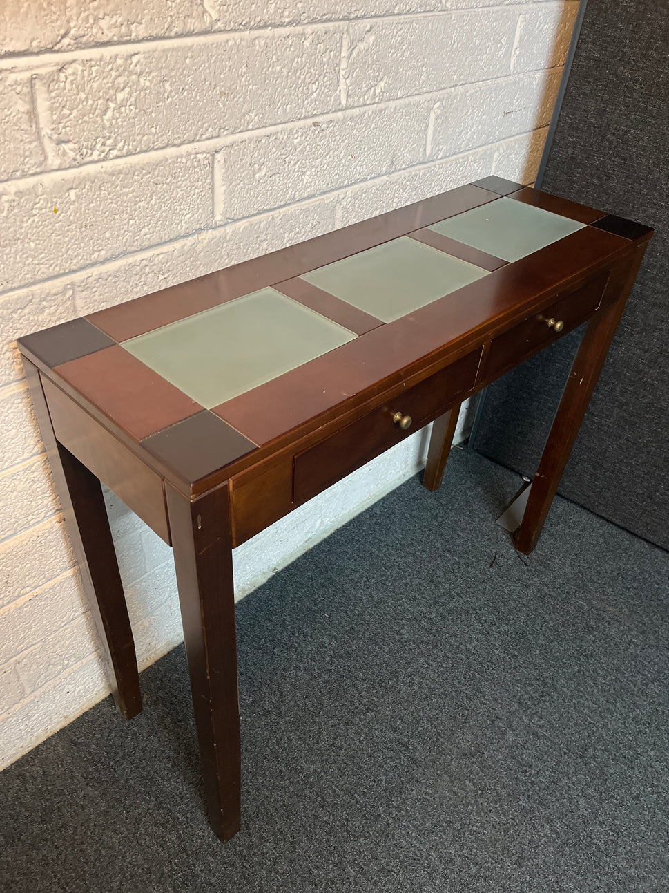 Dark wood stained solid wood console table, frosted glass top with drawers 935Wx235Dx800H 3225