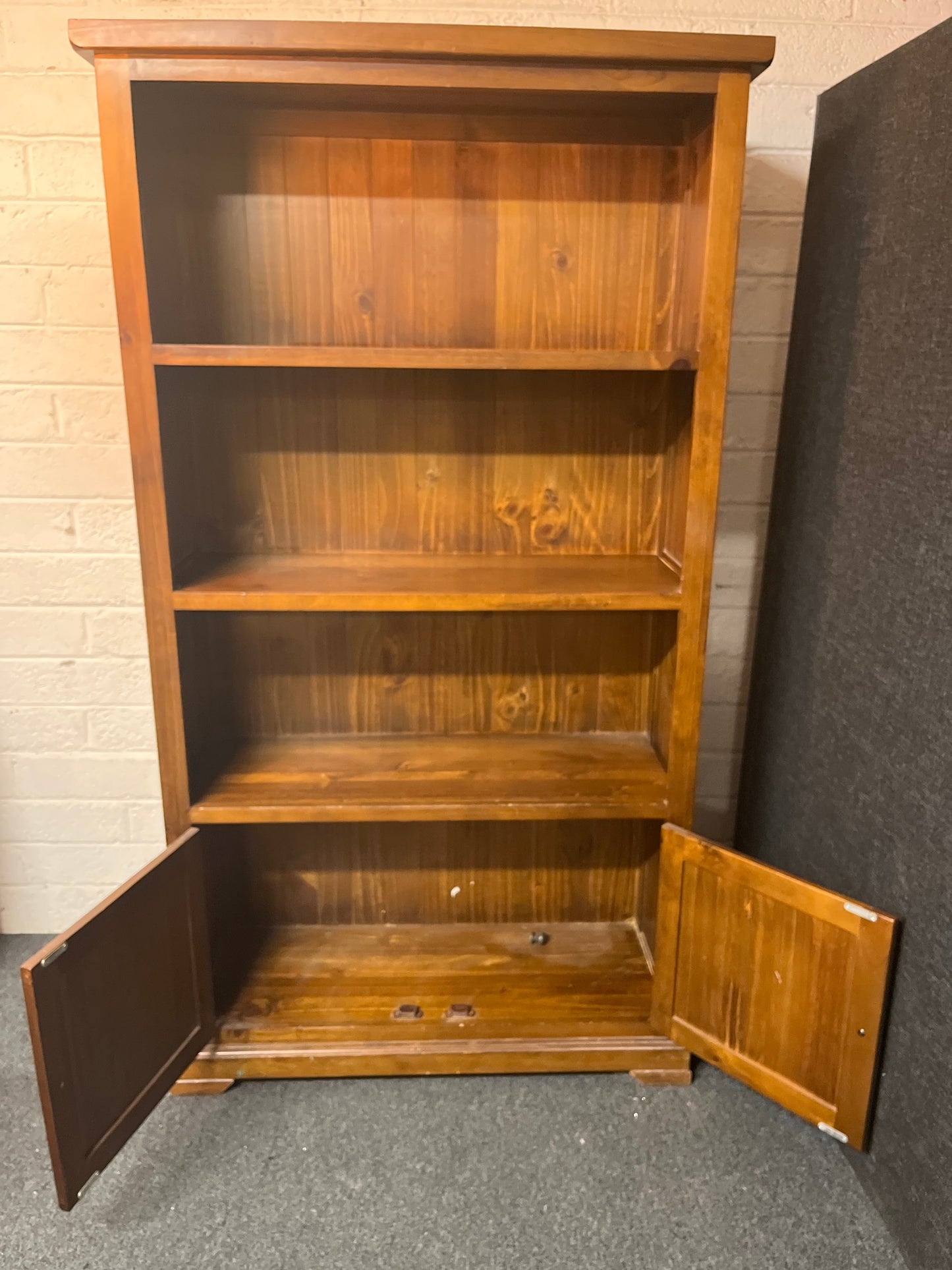 Tall solid dark wood stained top open 2 base door display unit (H 180 x W 100 x D 38 cm) 2225