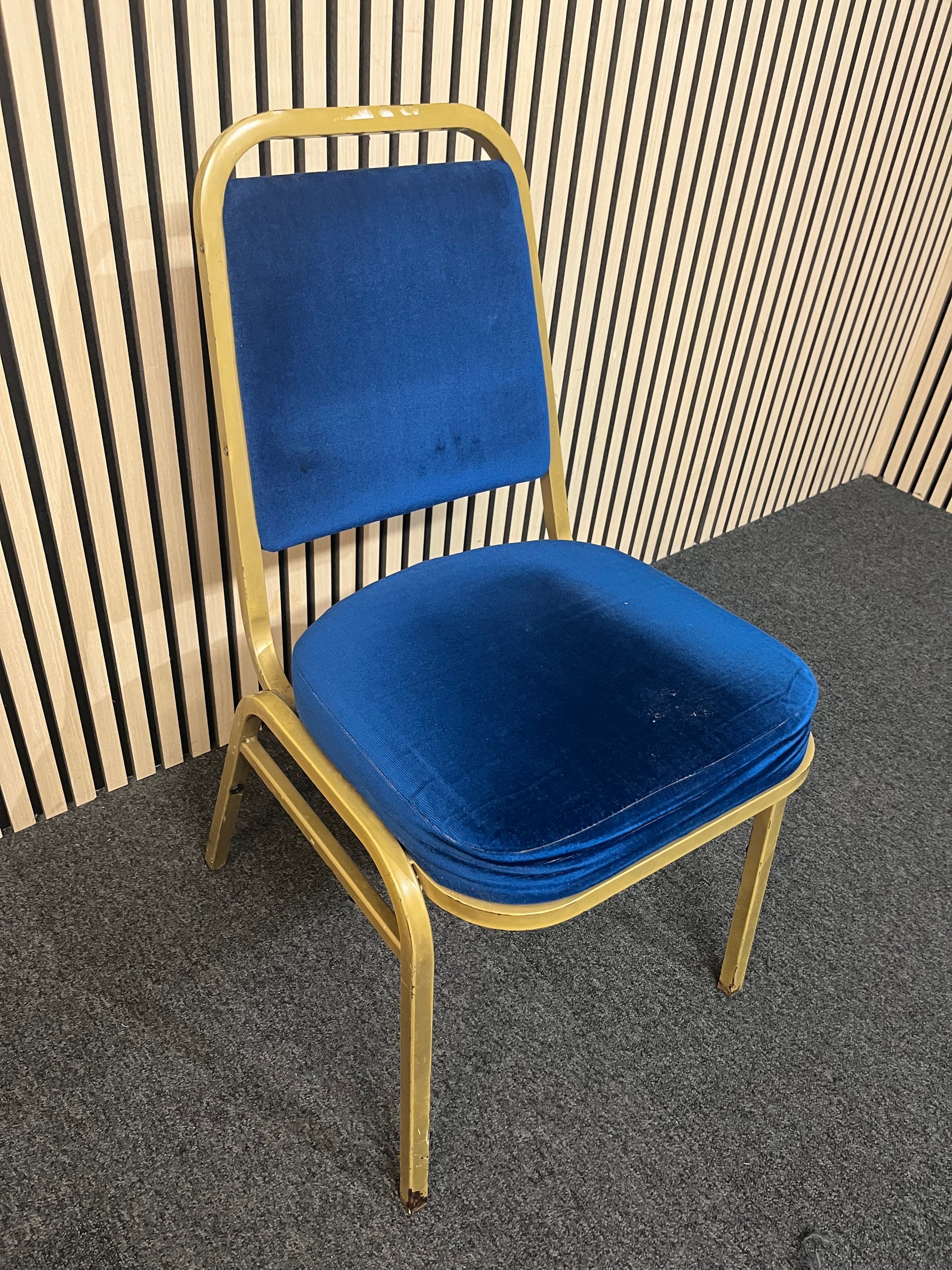 Blue fabric metal framed gold effect stacking banquet chair