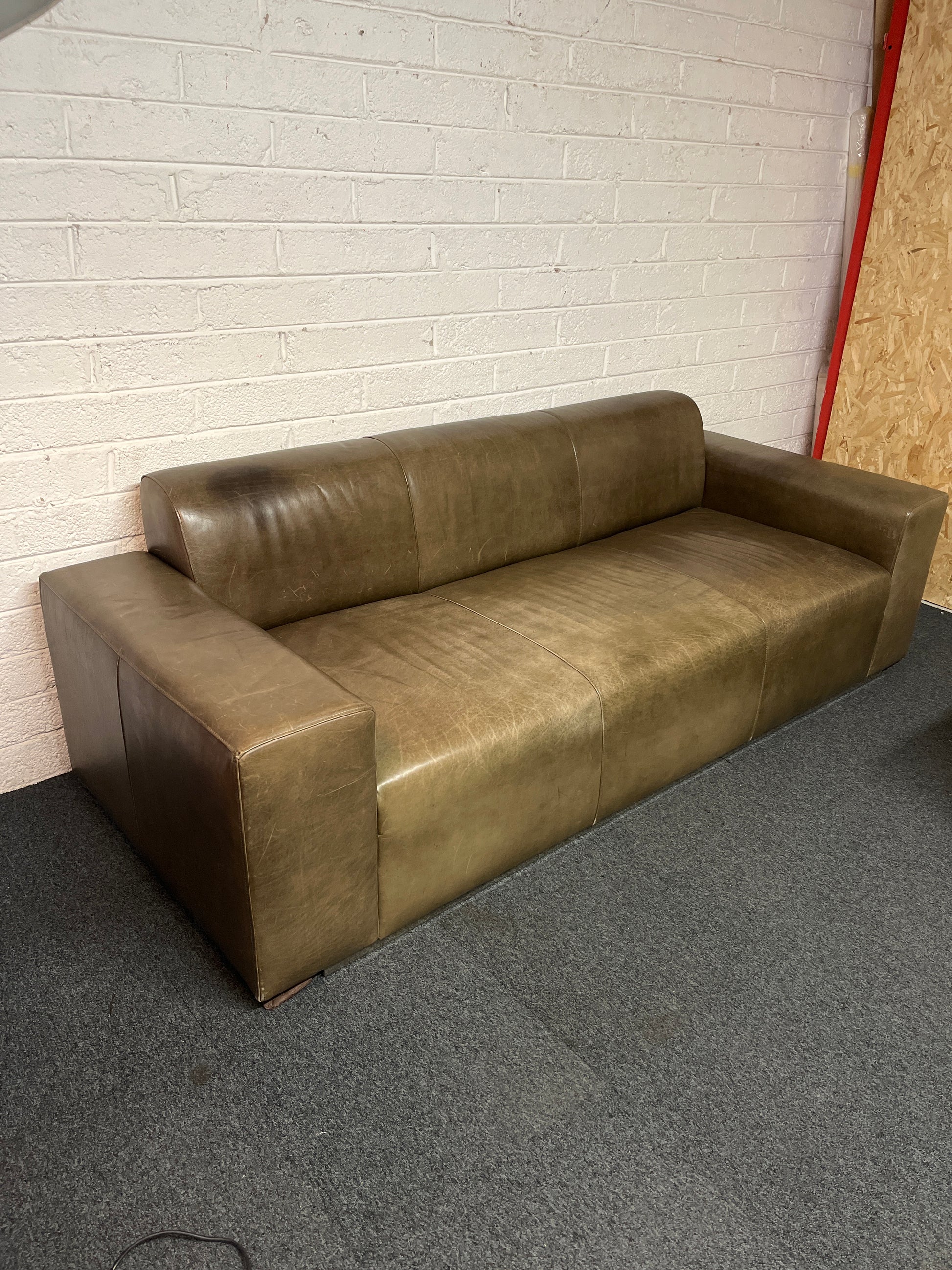 Large 3 seater olive green leather sofa 1325