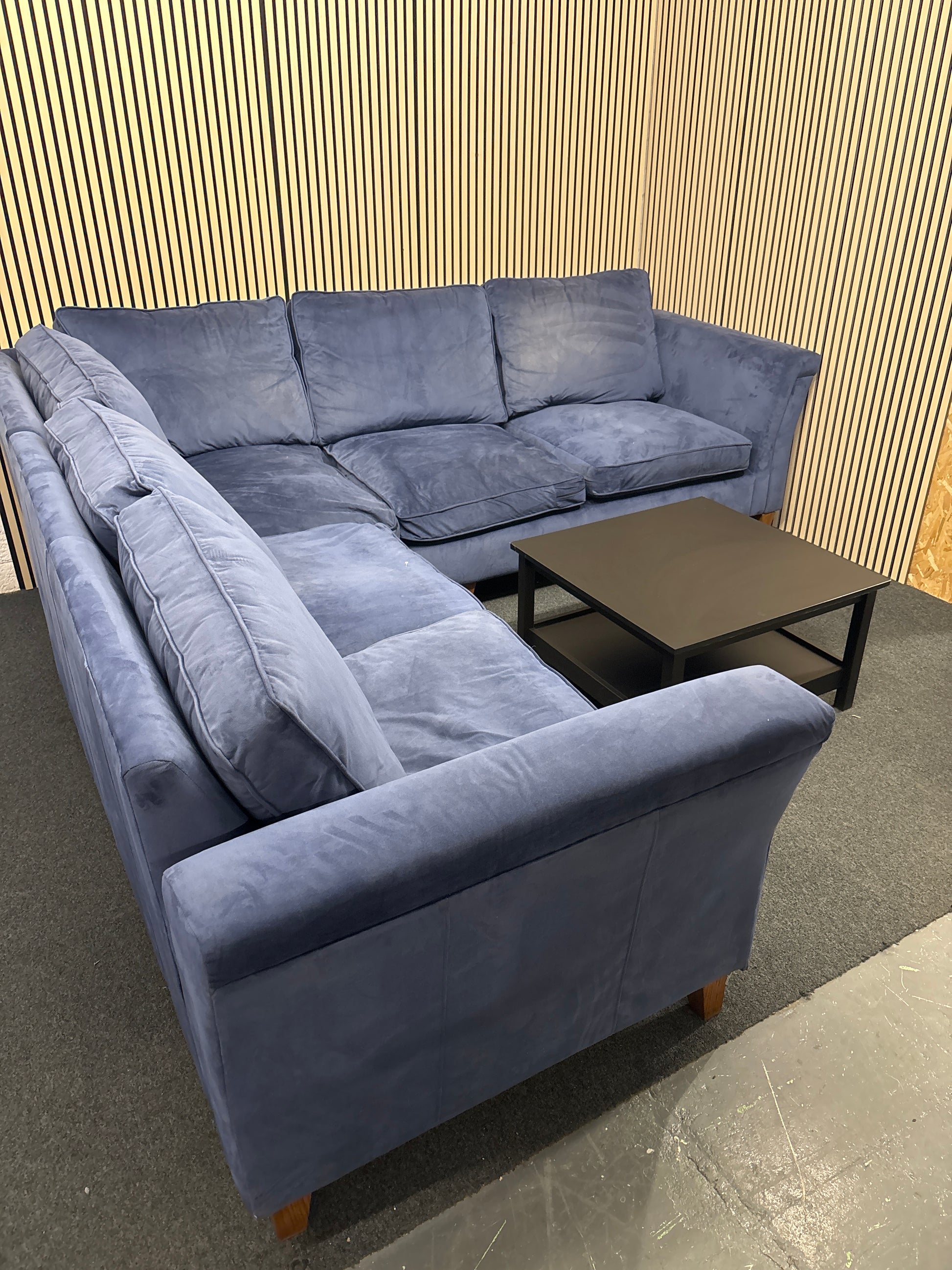 Large sectional dark blue velour fabric corner suite 3325