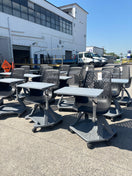 Switch Report mobile conference chair with writing tablet on castors, black plastic seat, dark grey writing tablet with drinks holder. 90Hx64Wx59H. Seat height 445mm 2 image