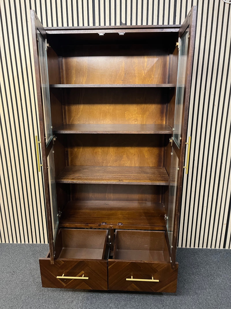 Dark wood cabinet with glass doors and herringbone patterned drawers (H 186 x W 90 x D 42 cm)  44573