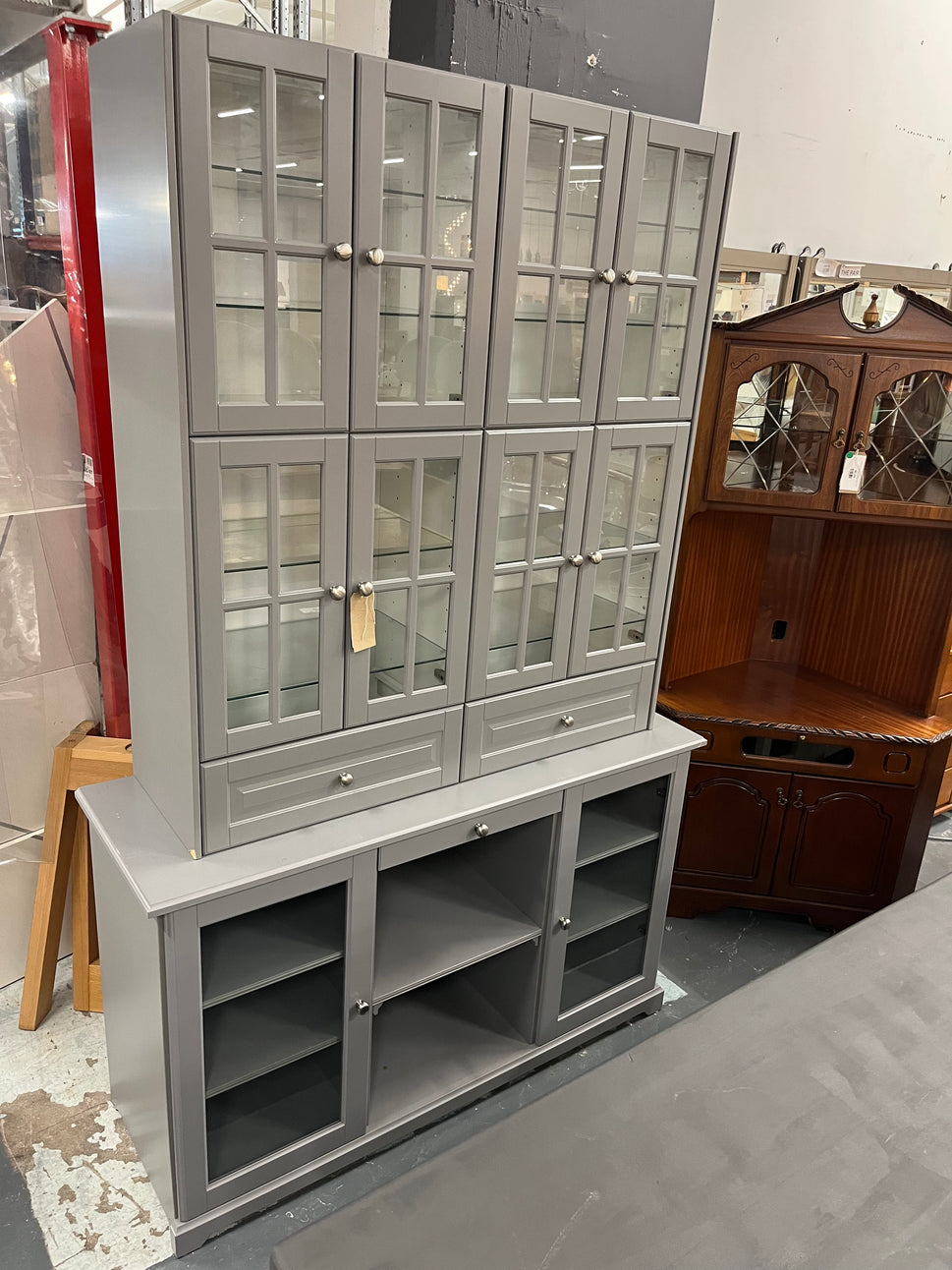 Tall 2 grey lattice glass door display unit with 2 glass door and base unit with shelves (H 230 x W 146 x D 49 cm) (soft close hinges) 1325