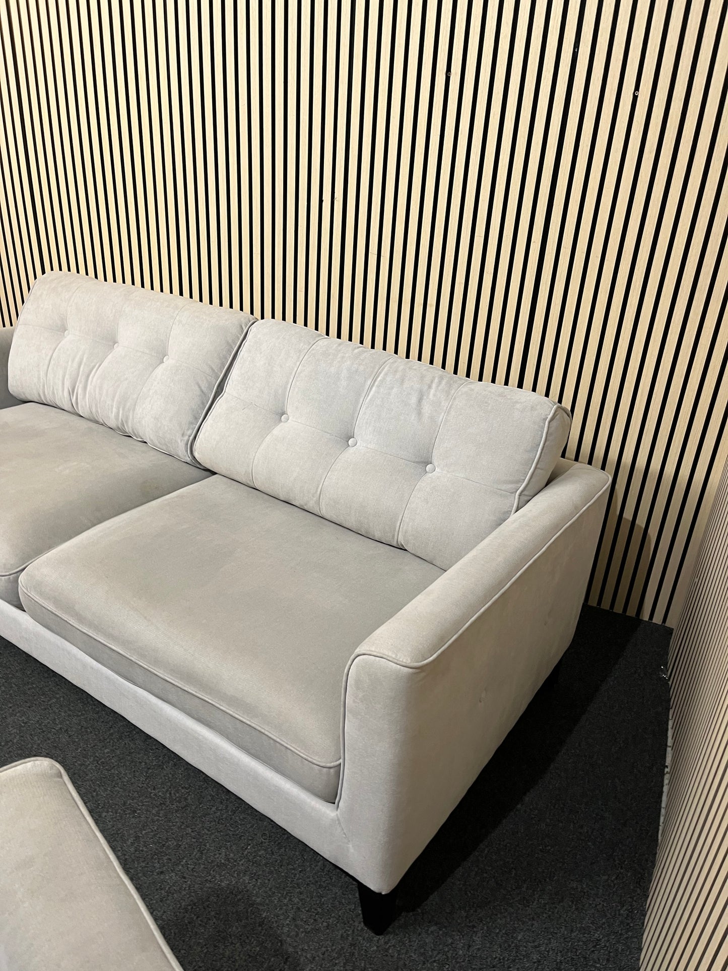 3 seater grey fabric sofa with return and matching armchair 3325