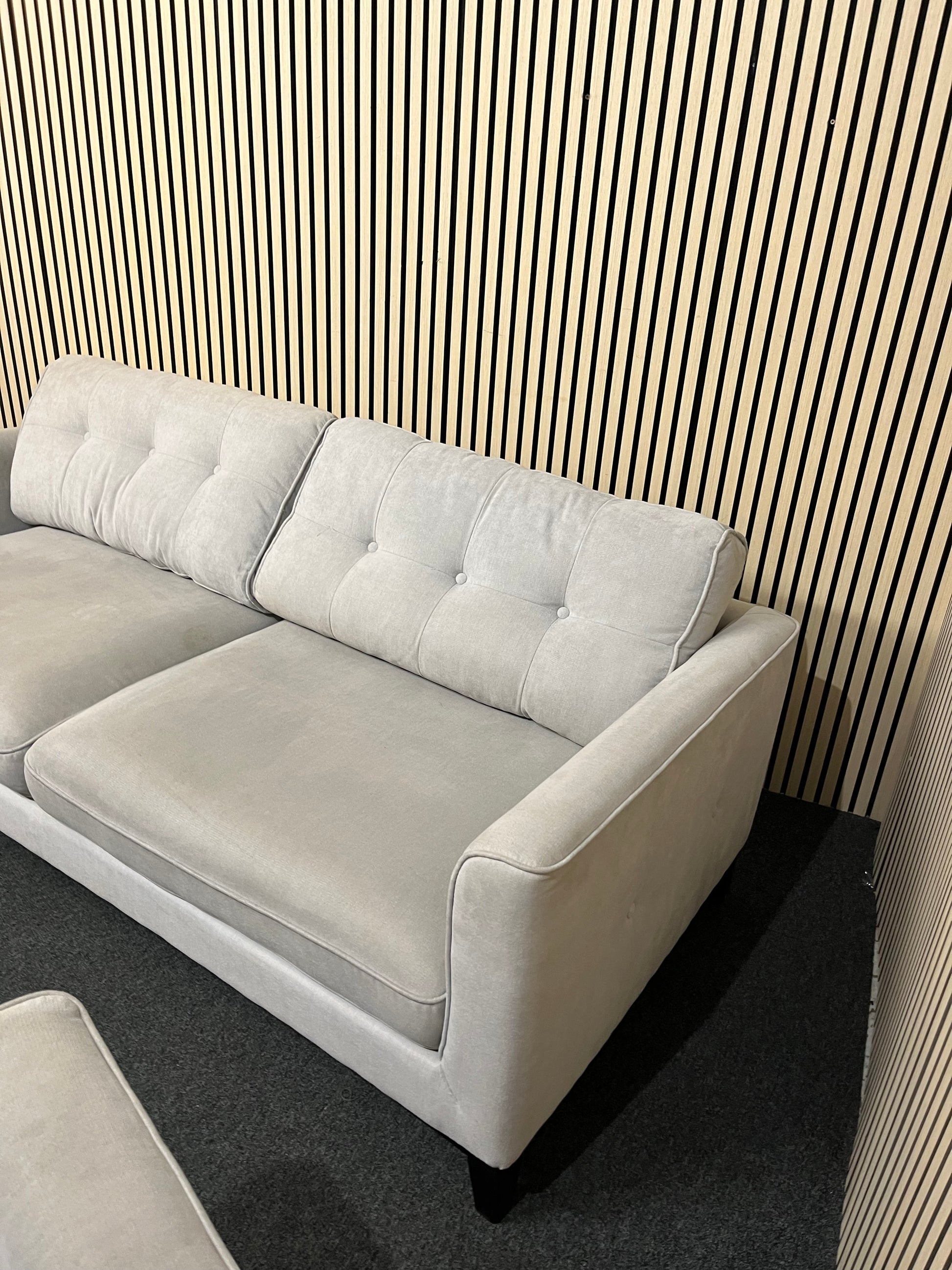 3 seater grey fabric sofa with return and matching armchair 3325