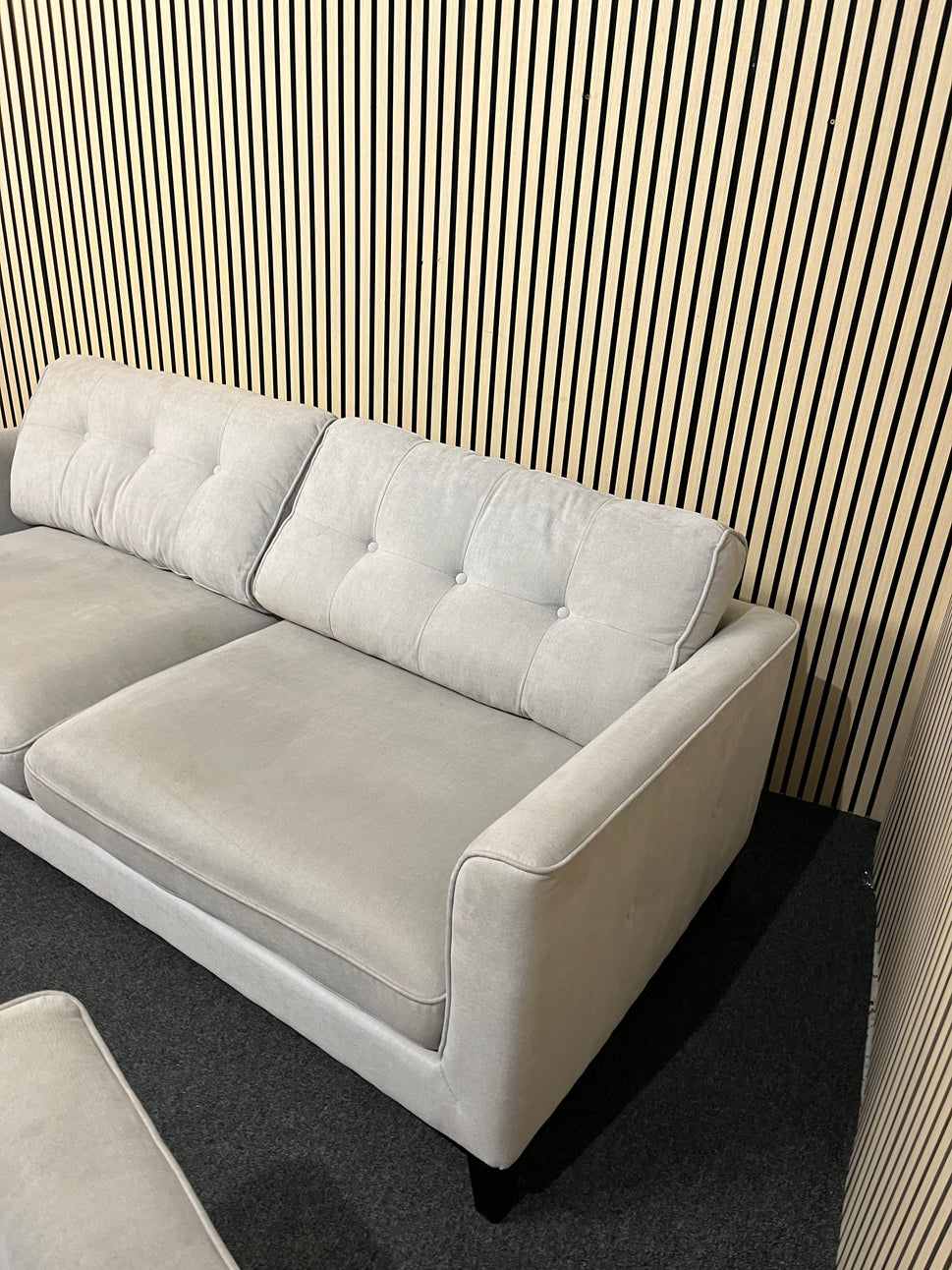 3 seater grey fabric sofa with return and matching armchair 3325