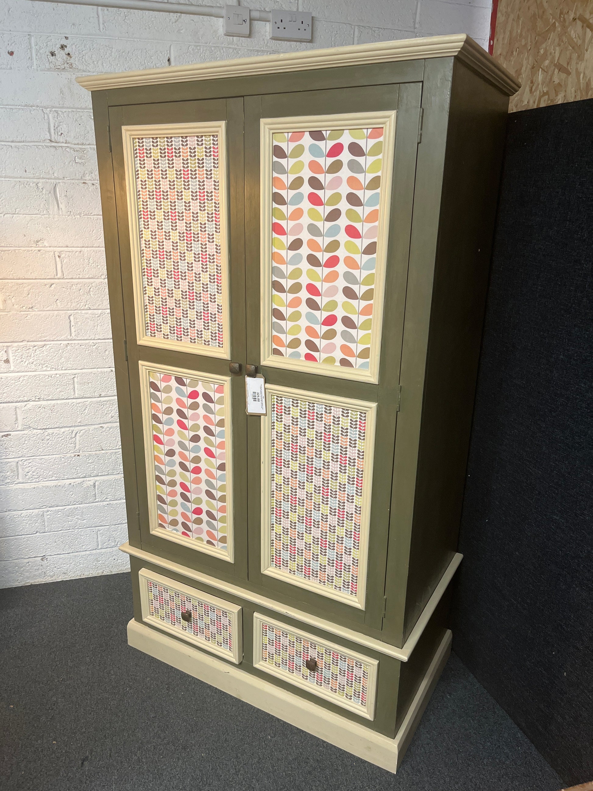 Tall solid pine painted Orla Kiely design wallpaper 2 door 2 drawer wardrobe (H 189 x W 106 x D 58 cm) 3225