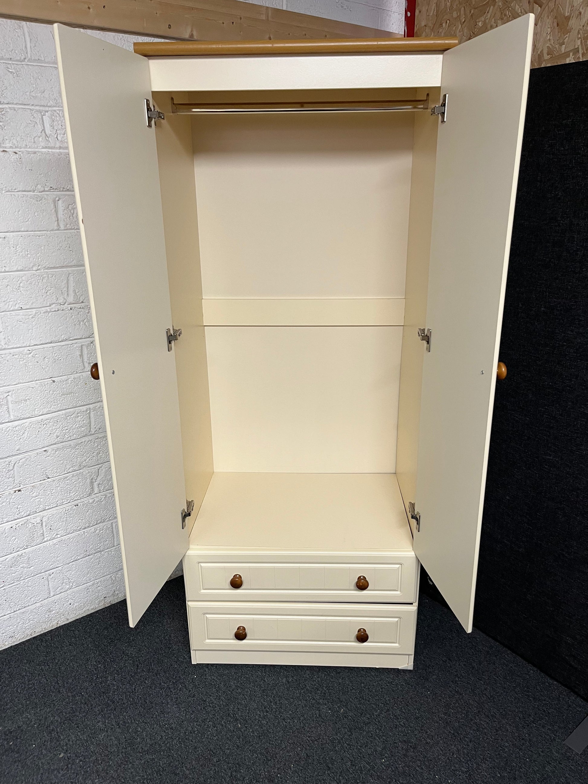 Tall cream and oak laminate 2 door 2 drawer wardrobe (H 1850 x W 740 x D 530 mm) 1225