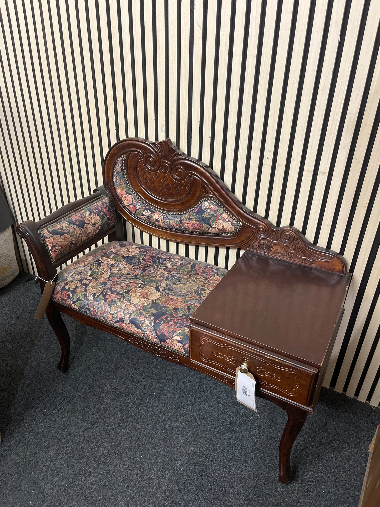 Mahogany telephone table with drawer and fabric seat W90 D42 H82
