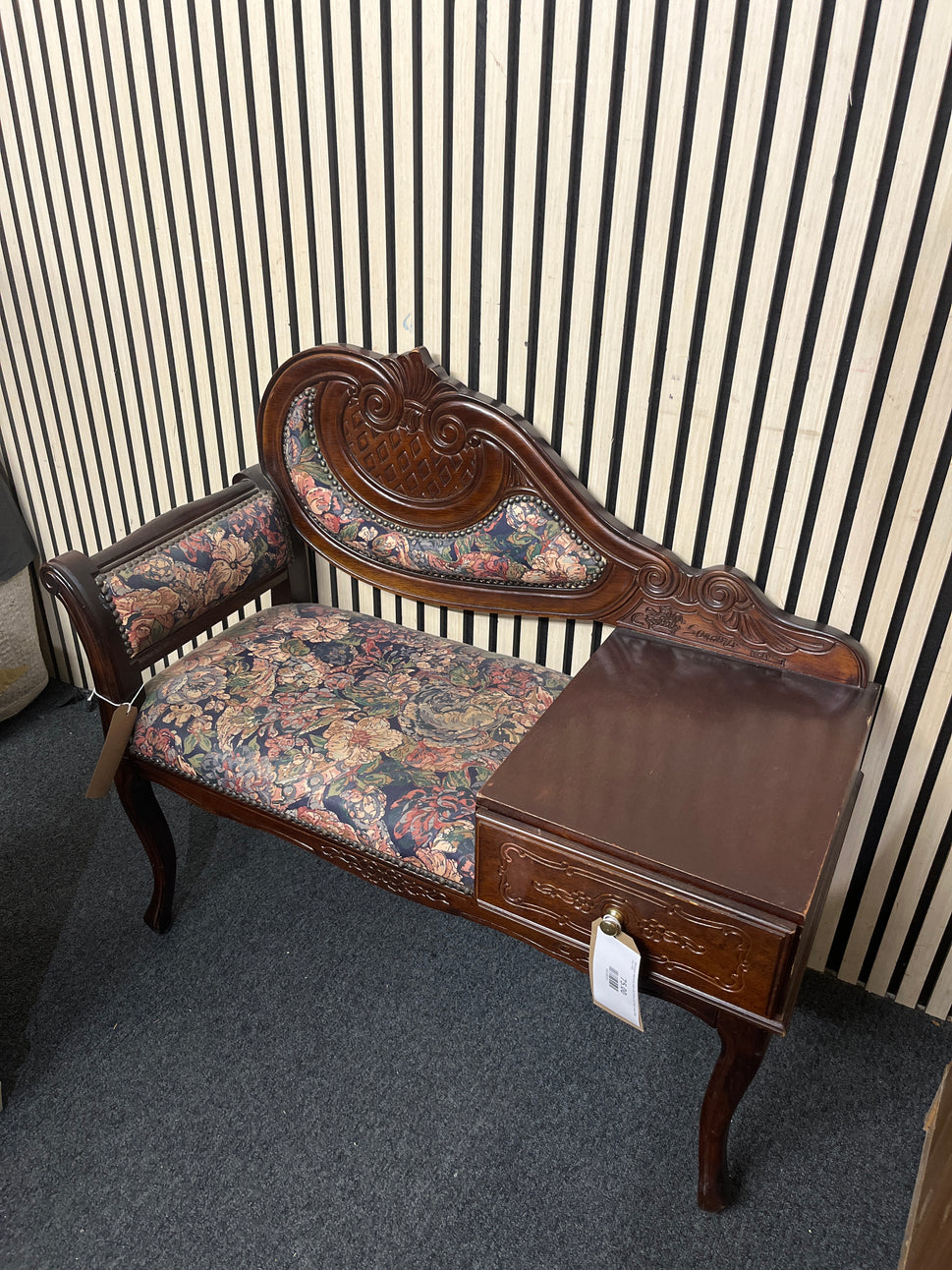 Mahogany telephone table with drawer and fabric seat W90 D42 H82