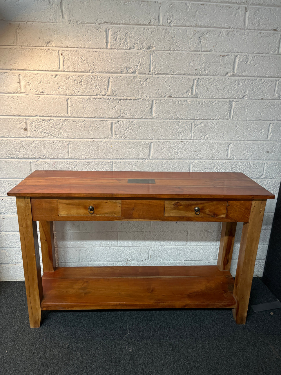 Large solid wood teak stained 2 drawer slim console table (H 77 x W 120 x D 40 cm) 2225