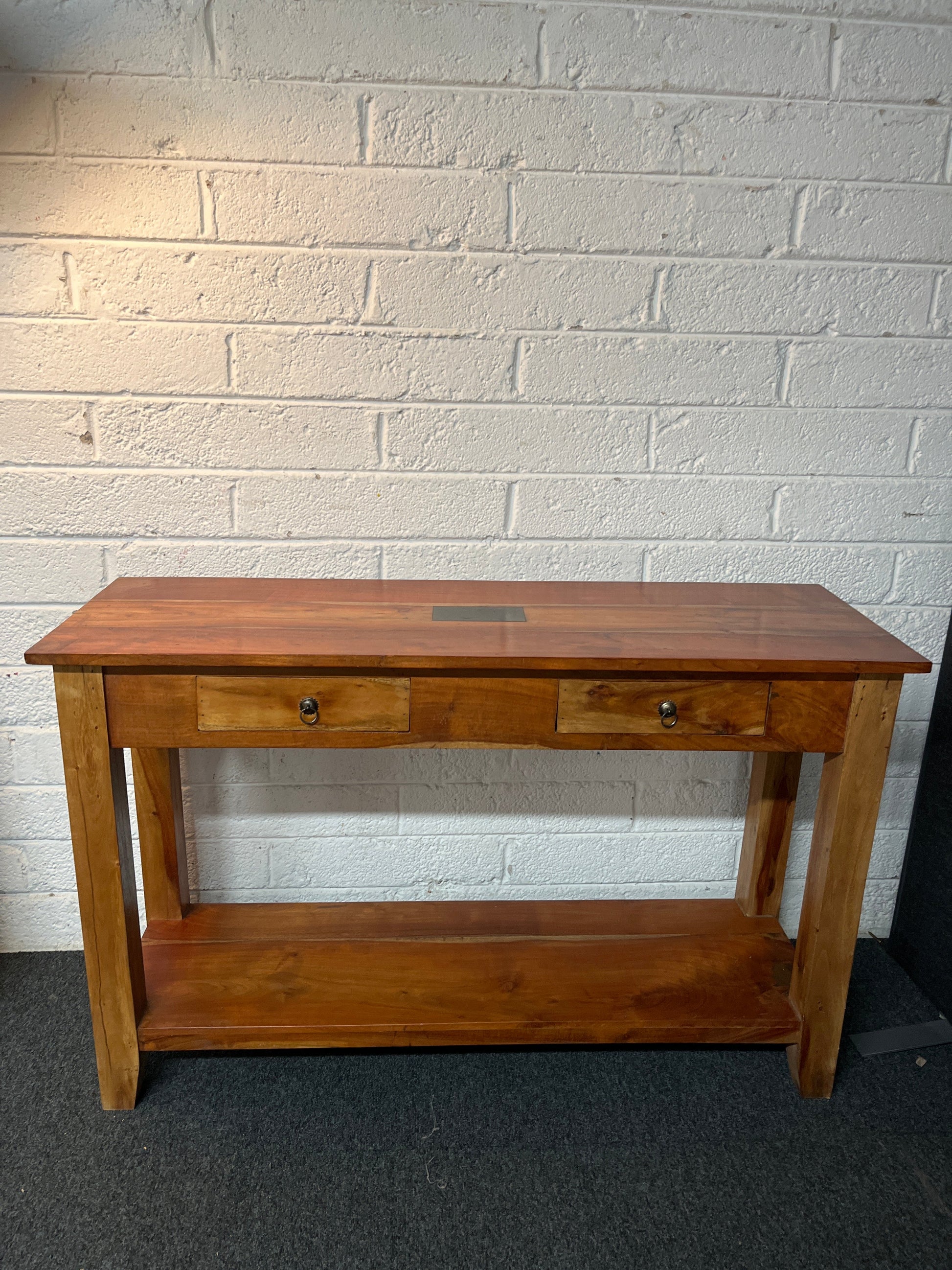 Large solid wood teak stained 2 drawer slim console table (H 77 x W 120 x D 40 cm) 2225