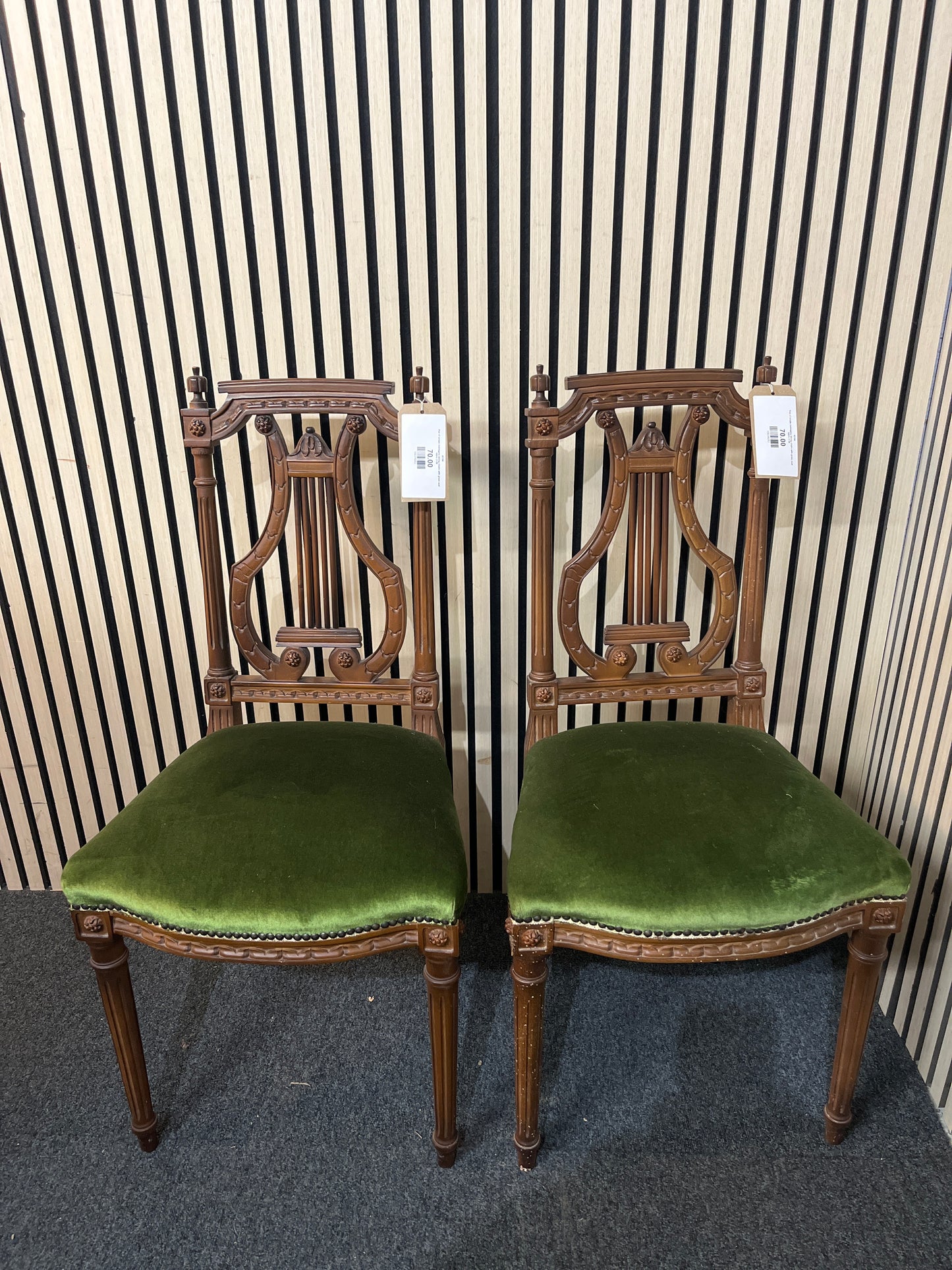Pair of ornate mahogany dining chairs with green seat fabric 3126