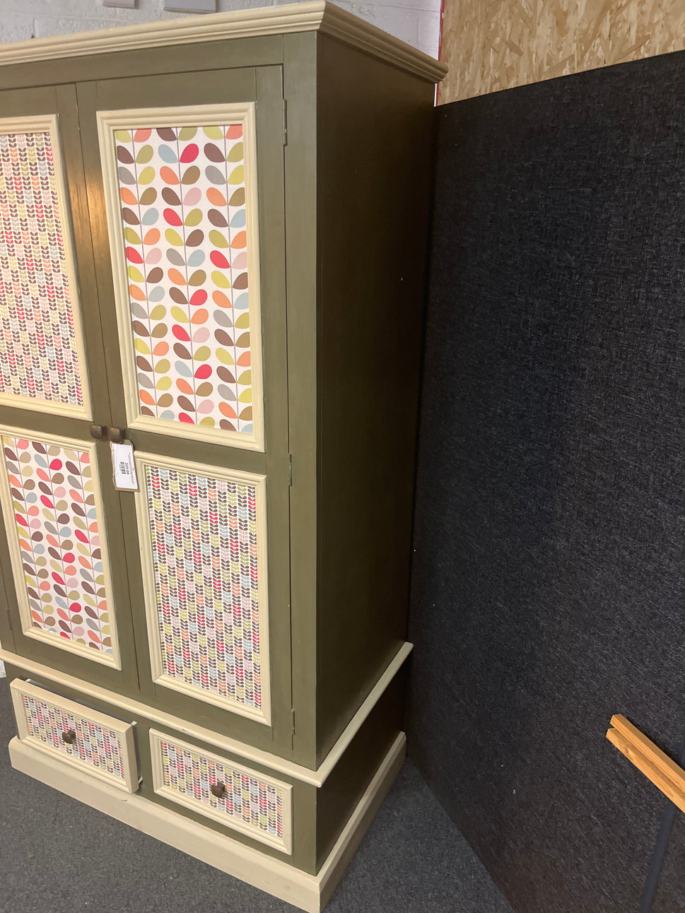 Tall solid pine painted Orla Kiely design wallpaper 2 door 2 drawer wardrobe (H 189 x W 106 x D 58 cm) 3225