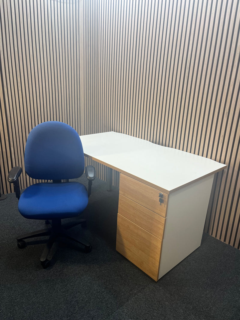 (GRADE A) White and Oak 1400 x 800 desk with push press pedestal + (Grade A) Blue fabric swivel chair bundle