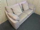 Grey two seater fabric sofa with matching plaid cushions.  44593