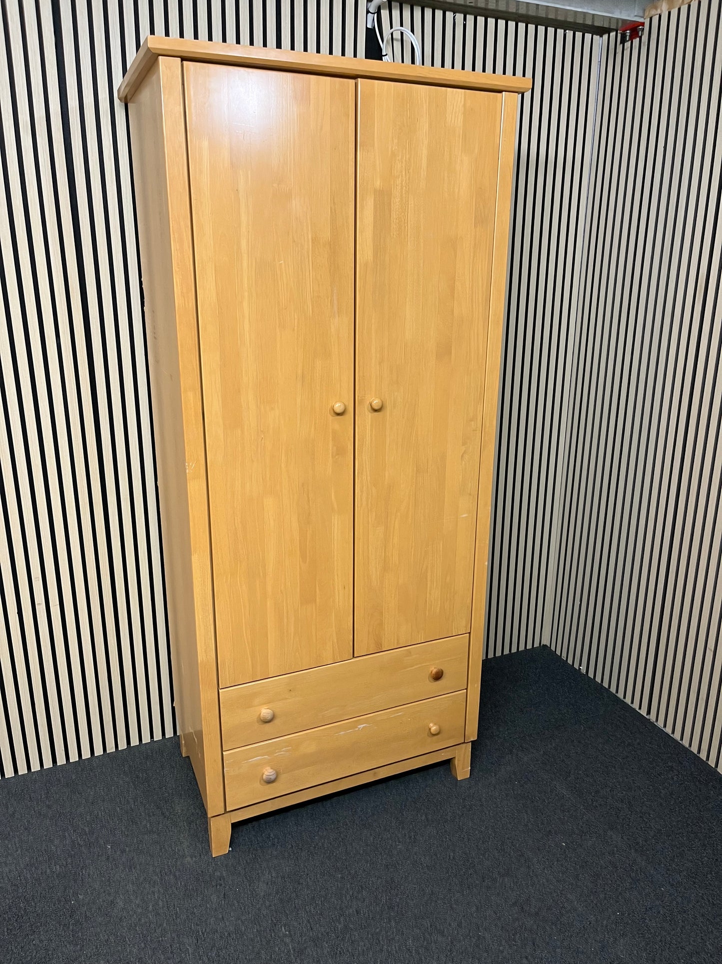 Tall beech two door wardrobe with two base drawers (H 208 x W 88 x D 58 cm) 1425
