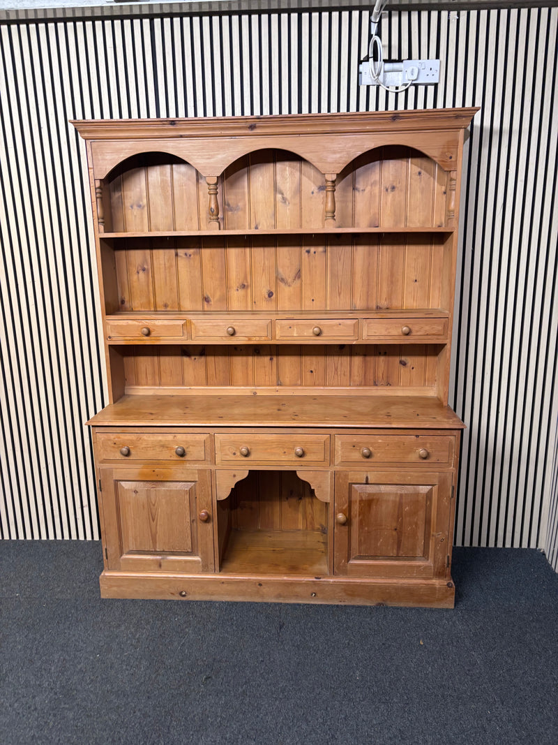 Tall natural pine 3 drawer kitchen dresser with open shelves (H 200 x W 156 x D 42 cm)  44571