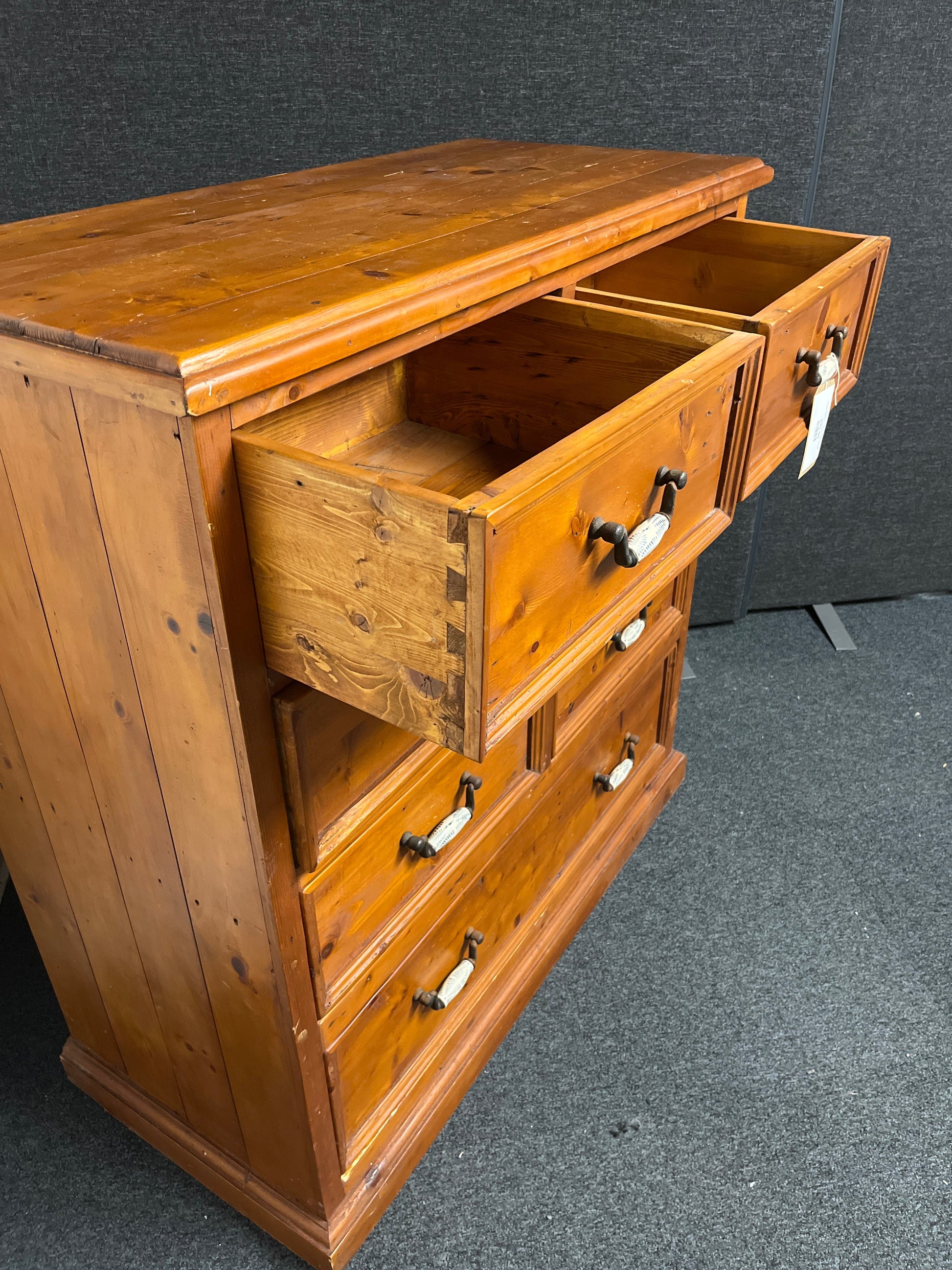 Tall solid pine stained 7 drawer chest with porcelain handles%A0(H  1150 x W 1100 x D 510 mm) 1225