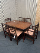 Extending mahogany dining table with six matching slat-back upholstered chairs, width 140 - 182, depth 87 cm  44778