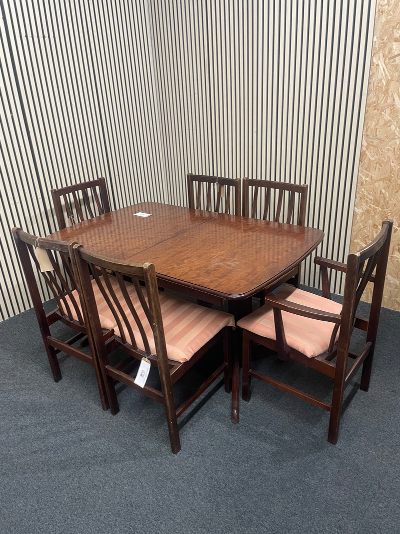 Extending mahogany dining table with six matching slat-back upholstered chairs, width 140 - 182, depth 87 cm  44778