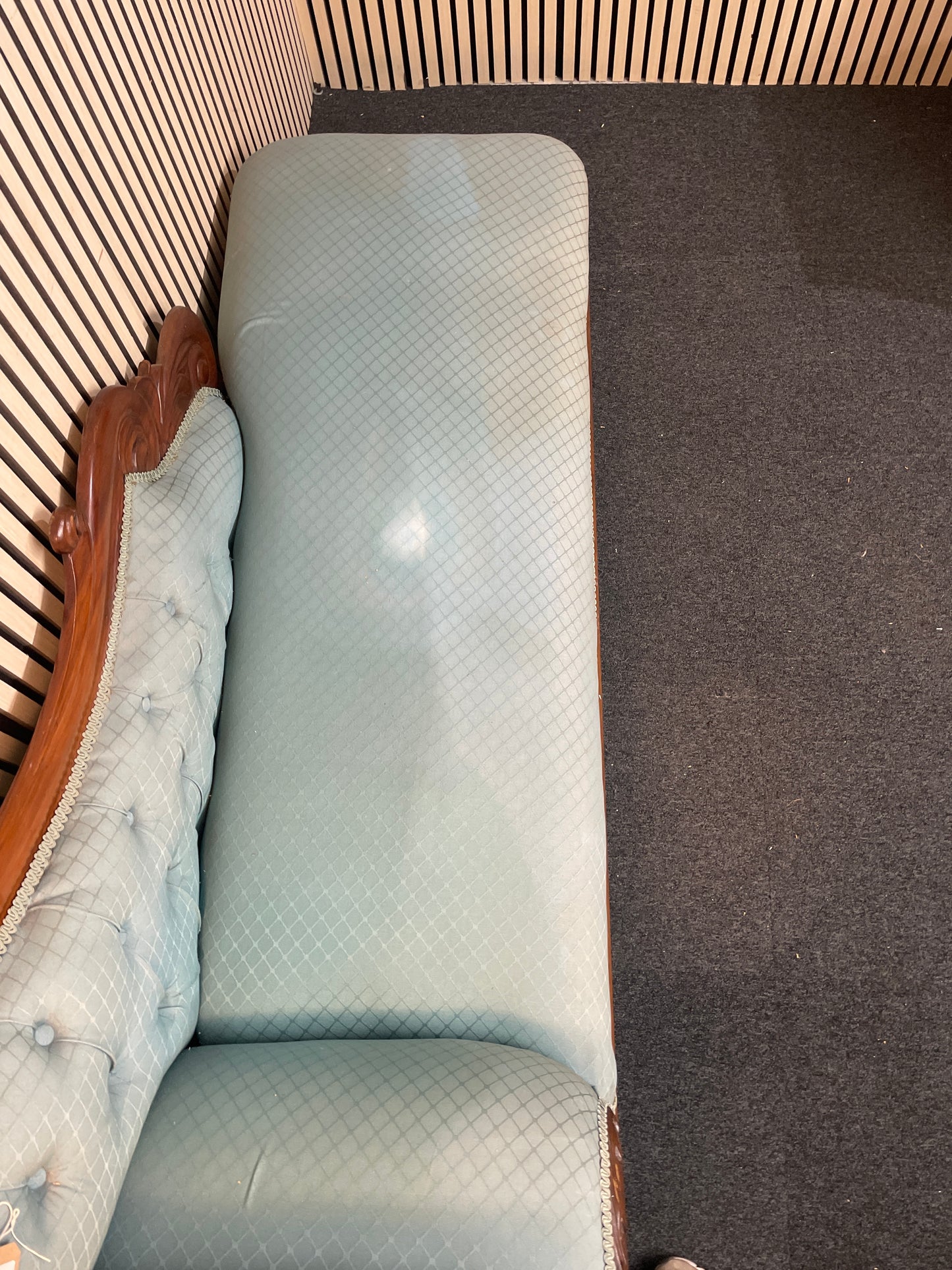 Ornate solid dark wood stained chaise lounge in green pastel fabric, ideal for upholstery 2425